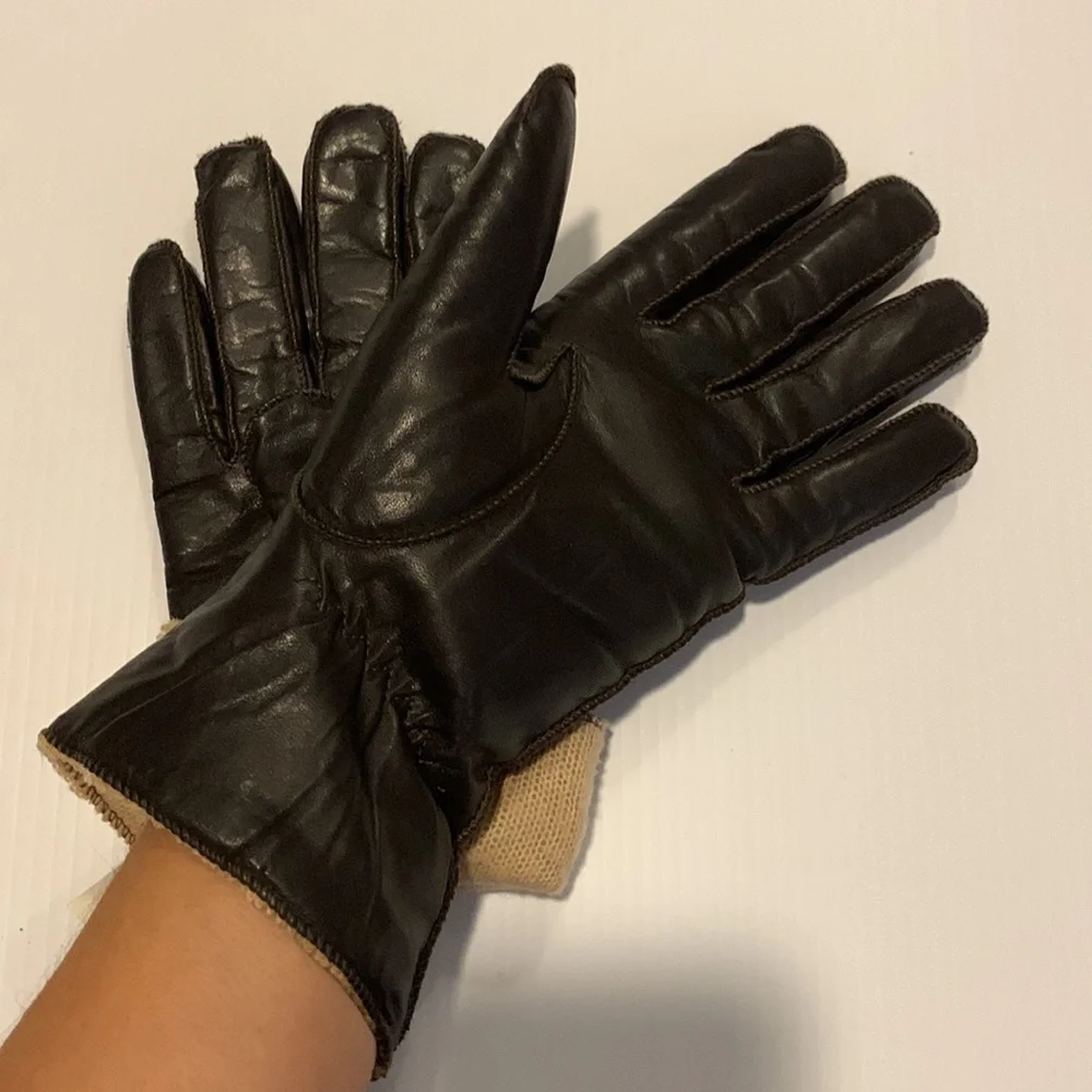 DARK Brown Leather Gloves with Lining Size M